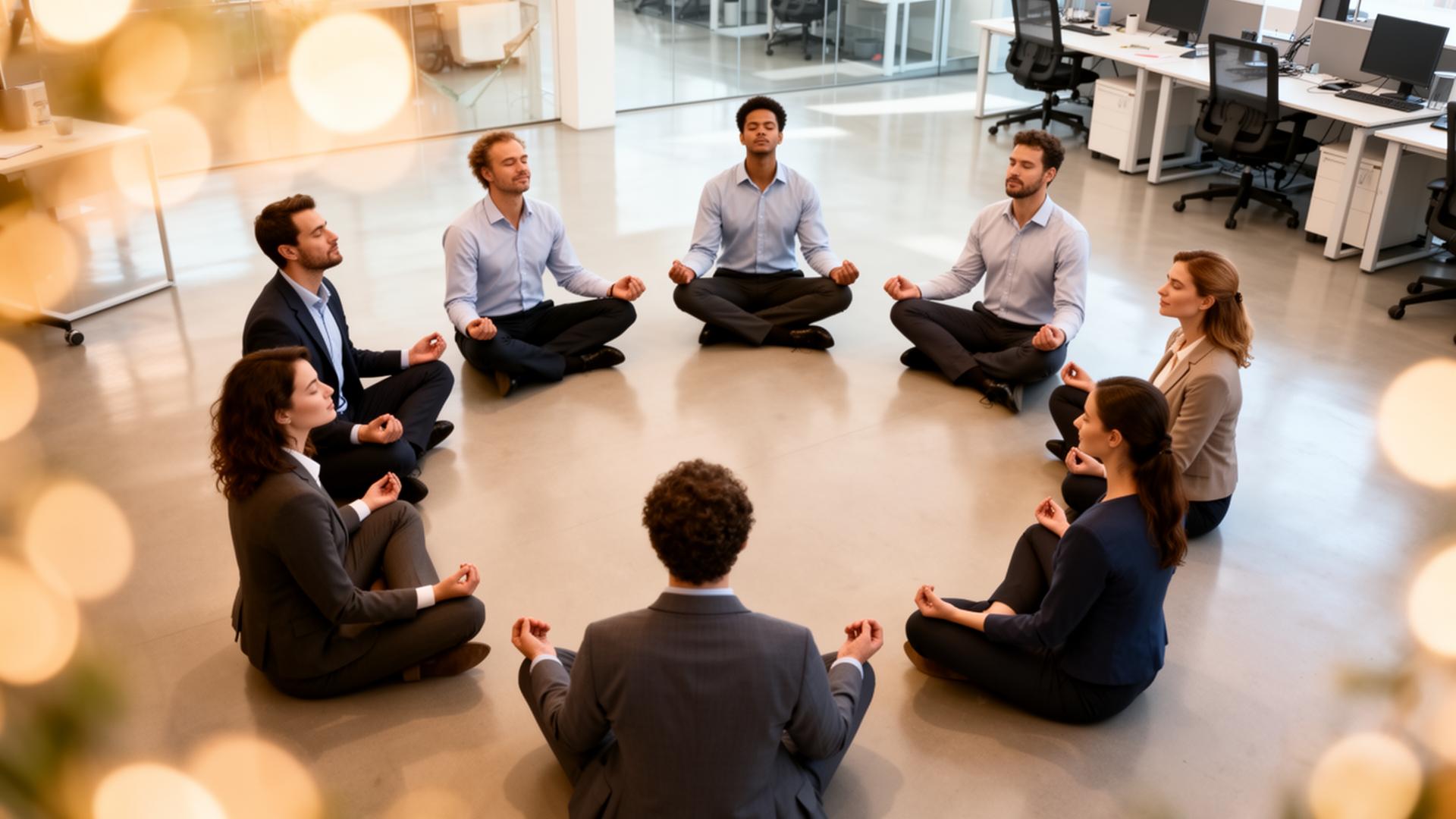 Profissionais meditando em ambiente corporativo no curso Terapeutas Integrativos riscos psicossociais NR-1 do Instituto Brasileiro de Riscos Psicossociais - IBRP